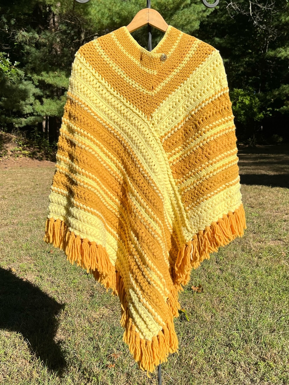 70s Handmade Yellow & Gold Striped Knit Fringe Poncho One Size Boho Grandma Fall